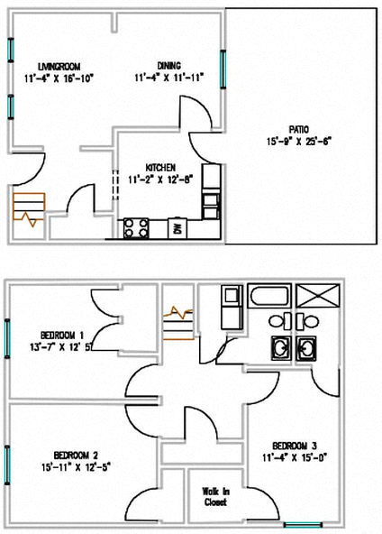Floor plan for 3 beds, 2 baths, 1347 sqft